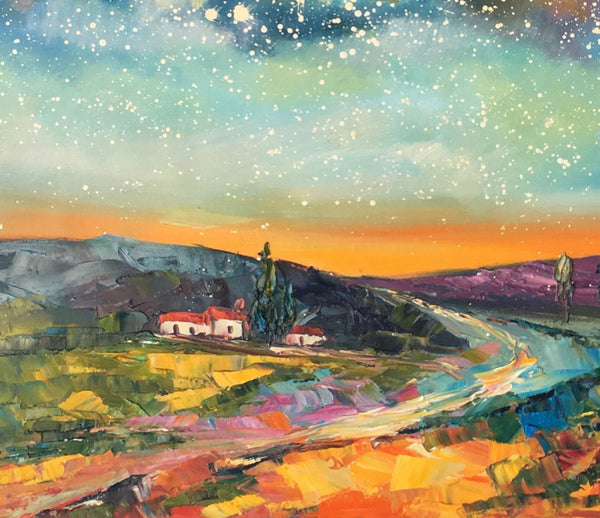 Canvas Wall Art, Abstract Landscape Art, Starry Night Sky, Bedroom Wall Art, Custom Abstract Art Painting, Oil Painting