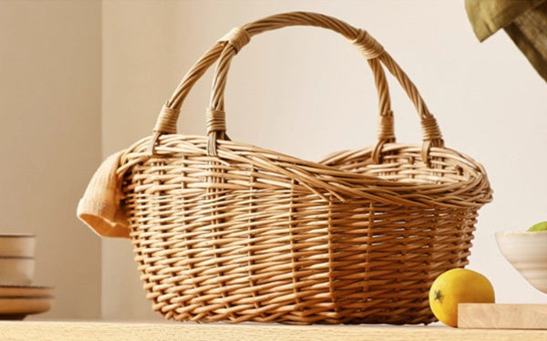 Large Kitchen Storage Baskets, Picnic Storage Basket with Handle, Hand-woven Wicker Storage Basket, Willow Weaving Baskets for Vegetable, Natural Fruit Basket-Silvia Home Craft