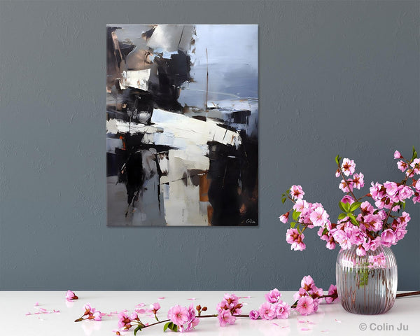 Black Original Canvas Art, Contemporary Acrylic Painting on Canvas, Large Wall Art Painting for Bedroom, Oversized Modern Abstract Paintings-Silvia Home Craft