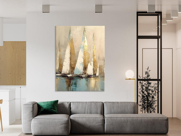 Sail Boat Abstract Painting, Landscape Canvas Paintings for Dining Room, Acrylic Painting on Canvas, Original Landscape Abstract Painting-Silvia Home Craft