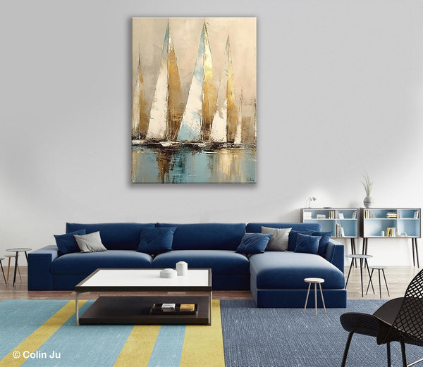 Sail Boat Abstract Painting, Landscape Canvas Paintings for Dining Room, Acrylic Painting on Canvas, Original Landscape Abstract Painting-Silvia Home Craft