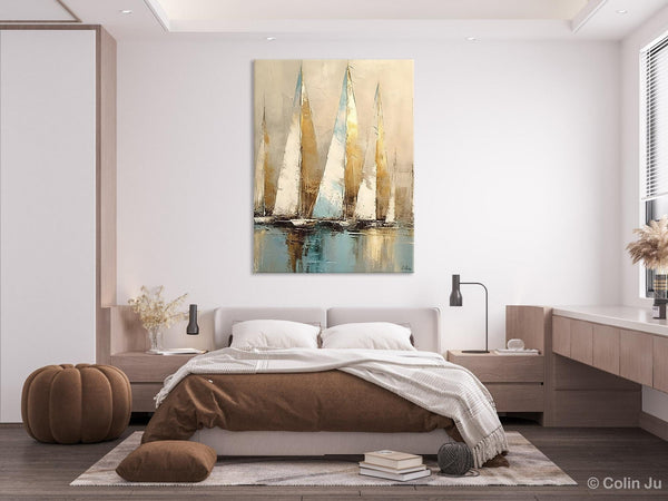 Sail Boat Abstract Painting, Landscape Canvas Paintings for Dining Room, Acrylic Painting on Canvas, Original Landscape Abstract Painting-Silvia Home Craft