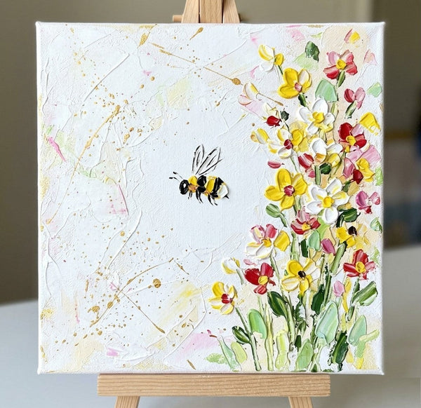 Original Acrylic Paintings, Miniature Canvas Painting, Blooming Flowers and Busy Bee, Impasto Artwork, Small Art for Sale, Cute Small Canvas Wall Art, Hand Painted Canvas Art