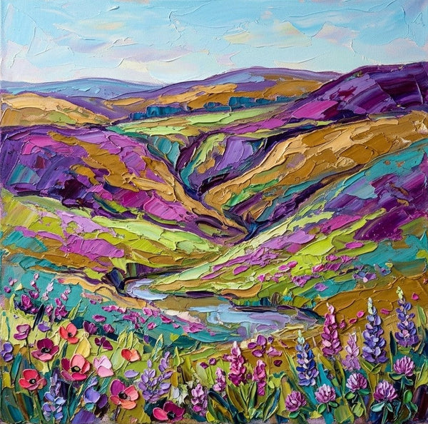 Original Oil Painting for Sale, Wild Blooms in teh Purple Valley, Hand Painted Canvas Art, Heavy Texture Paintings, Original Seascape Paintings, Miniature Canvas Art