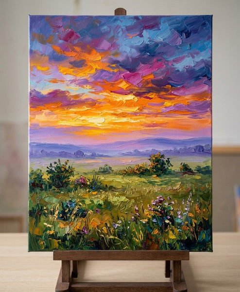 Burning Sunset Over the Wideness, Original Oil Paintings for Sale, Original Landscape Paintings, Buy Small Paintings Online, Hand Painted Canvas Art, Small Canvas Artwork