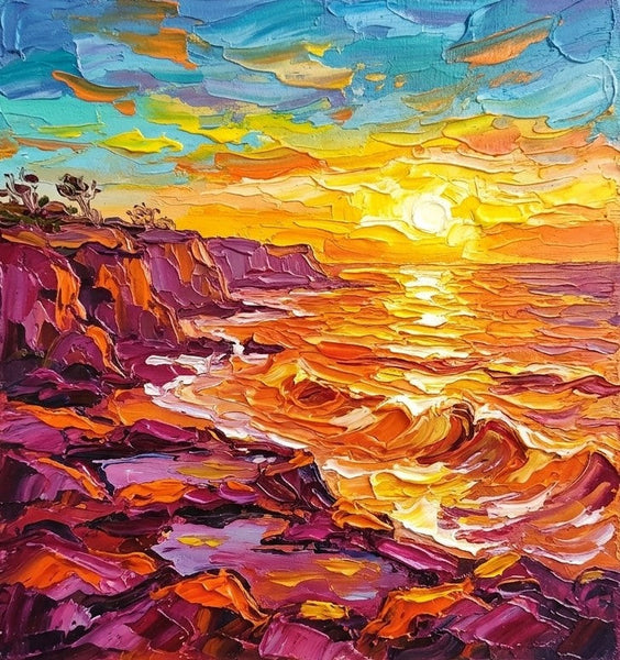 Waves Soaking the Golden Sun, Original Painting for Sale, Hand Painted Canvas Art, Heavy Texture Paintings, Original Seascape Paintings, Impasto Artwork