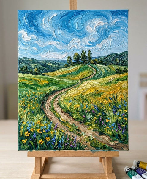 Swirling Sky Over Wildflower Path, Original Landscape Paintings, Original Oil Paintings, Heavy Texture Paintings, Hand Painted Canvas Art, Small Canvas Artwork