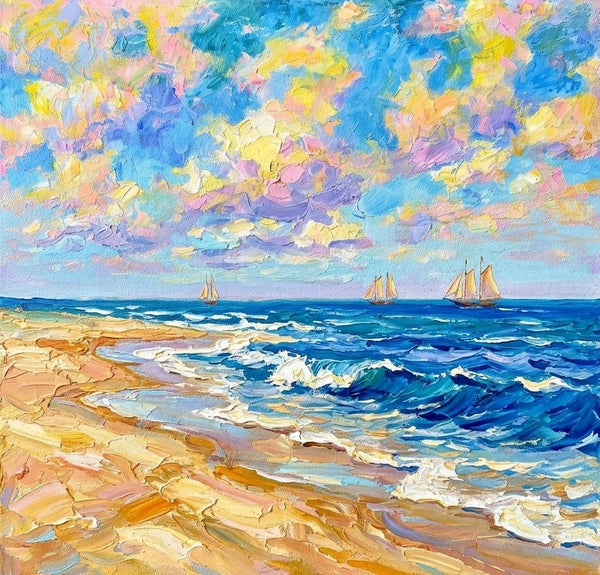 Bright Blue Ocean with Distant Sails, Hand Painted Canvas Art, Heavy Texture Paintings, Original Seascape Paintings, Miniature Canvas Art, Original Oil Paintings
