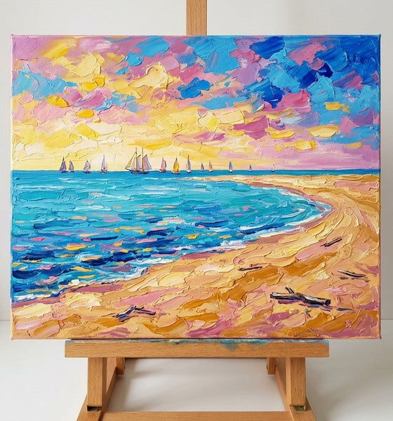 Original Oil Paintings, Sail Boats on the Sunny Sea, Small Canvas Artwork for Sale, Original Seascape Paintings, Heavy Texture Painting on Canvas