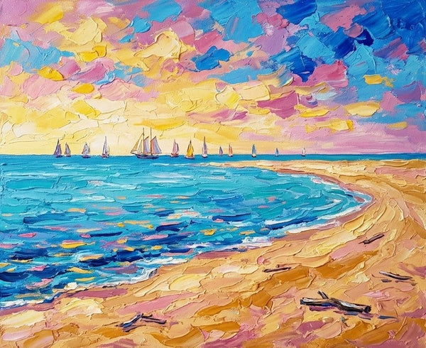 Sail Boats on the Sunny Sea, Small Canvas Artwork for Sale, Original Seascape Paintings, Heavy Texture Painting on Canvas