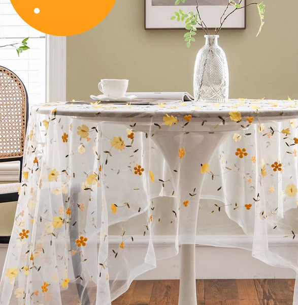 Yellow Flower Lace Tablecloths, Extra Large Rectangular Tablecloth for Oval Table, Lace Embroidered Table Covers, Rectangular Table Covers for Coffee Table-Silvia Home Craft