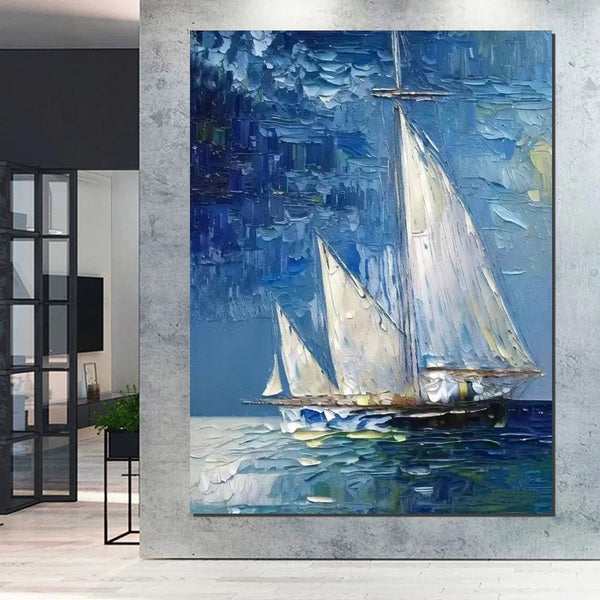 Modern Acrylic Canvas Painting, Simple Painting Ideas for Dining Room, Acrylic Painting on Canvas, Oversized Canvas Painting for Sale, Sail Boat Paintings-Silvia Home Craft