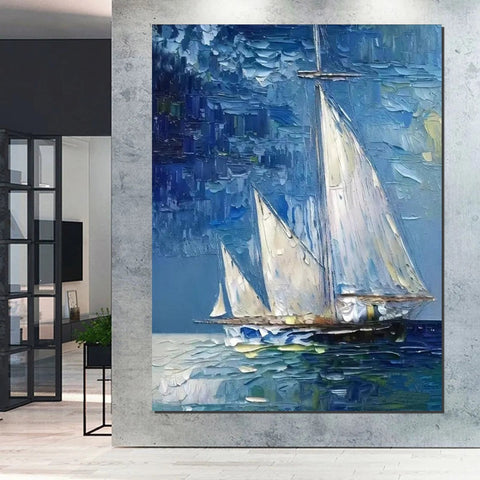 Modern Acrylic Canvas Painting, Simple Painting Ideas for Dining Room, Acrylic Painting on Canvas, Oversized Canvas Painting for Sale, Sail Boat Paintings-Silvia Home Craft