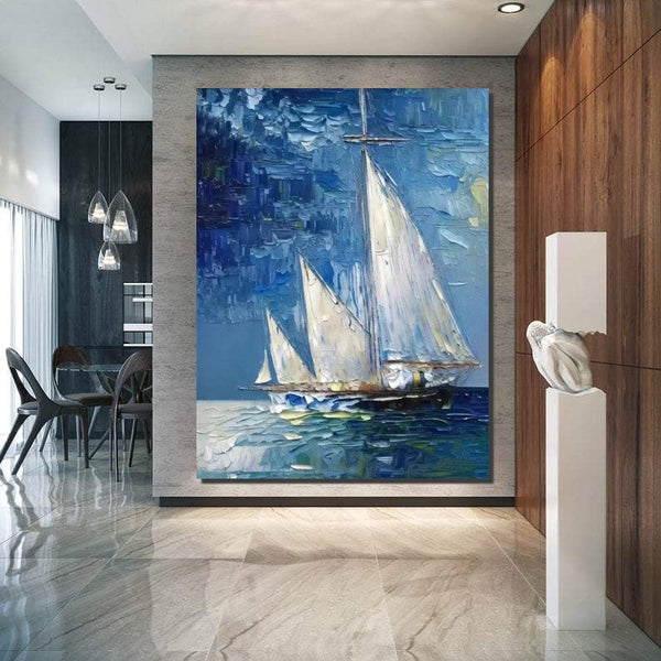 Modern Acrylic Canvas Painting, Simple Painting Ideas for Dining Room, Acrylic Painting on Canvas, Oversized Canvas Painting for Sale, Sail Boat Paintings-Silvia Home Craft