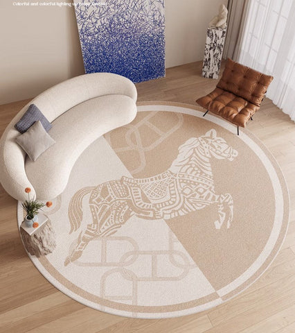 Circular Rugs for Bedroom, Modern Rugs for Dining Room, Horse Modern Rug Ideas for Living Room, Abstract Contemporary Round Rugs for Dining Room-Silvia Home Craft