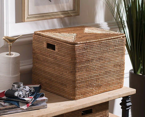 Large Storage Baskets for Clothes, Laundry Woven Baskets, Rattan Storage Baskets for Shelves, Kitchen Storage Baskets, Rectangular Storage Basket with Lid-Silvia Home Craft
