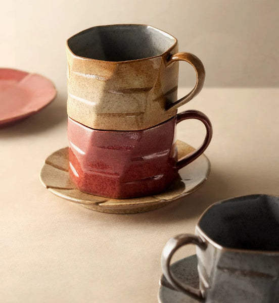 Modern Handmade Pottery Coffee Cup, Creative Ceramic Coffee Cup with Saucer, Unique Tea Cup and Saucer, Tea Cup Set for Afternoon Tea-Silvia Home Craft