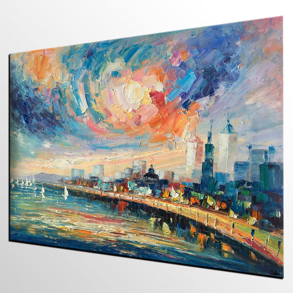 Abstract Landscape Painting, Original Oil Painting on Canvas, Custom Cityscape Painting, Palette Knife Painting-Silvia Home Craft