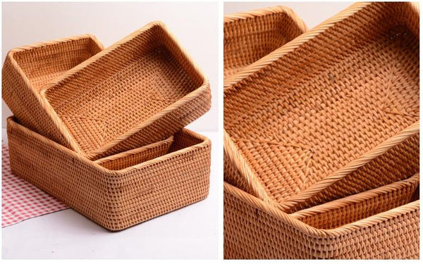 Rectangular Storage Basket for Living Room, Small Kitchen Storage Baskets, Woven Storage Baskets, Rattan Storage Baskets for Shelves-Silvia Home Craft