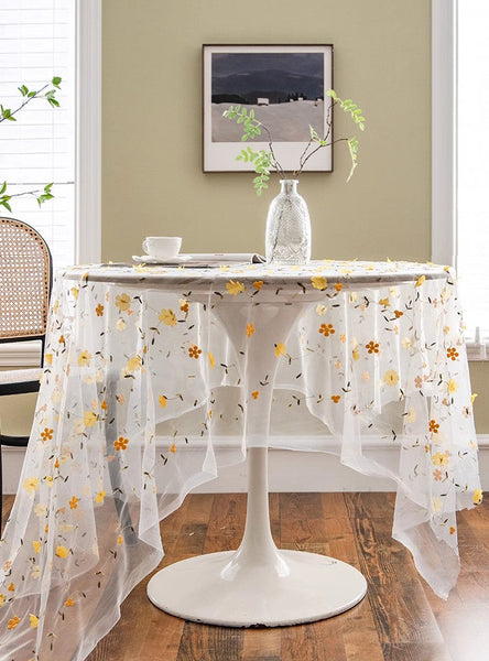 Yellow Flower Lace Tablecloths, Extra Large Rectangular Tablecloth for Oval Table, Lace Embroidered Table Covers, Rectangular Table Covers for Coffee Table-Silvia Home Craft