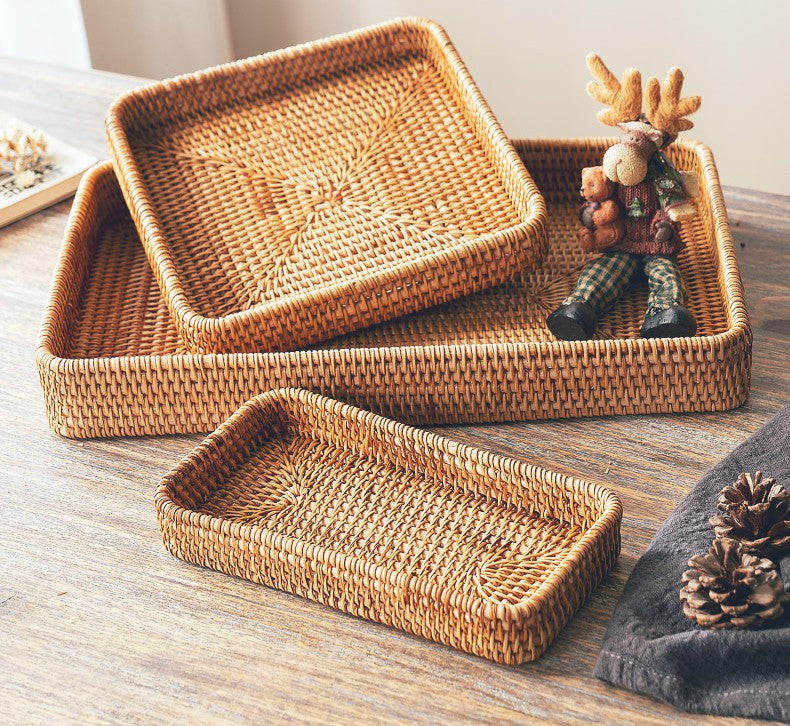 Rectangular Storage Baskets, Woven Rattan Storage Basket, Kitchen Storage Baskets, Storage Baskets for Shelves, Set of 3-Silvia Home Craft