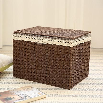 Large Deep Brown / Cream Color Woven Straw basket with Cover, Storage Basket for Toys, Rectangle Storage Basket, Storage Basket for Clothes-Silvia Home Craft
