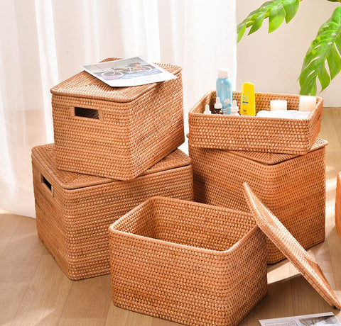 Rectangular Storage Basket with Lid, Rattan Basket, Storage Basket for Shelves, Storage Baskets for Bathroom, Bedroom Storage Baskets-Silvia Home Craft