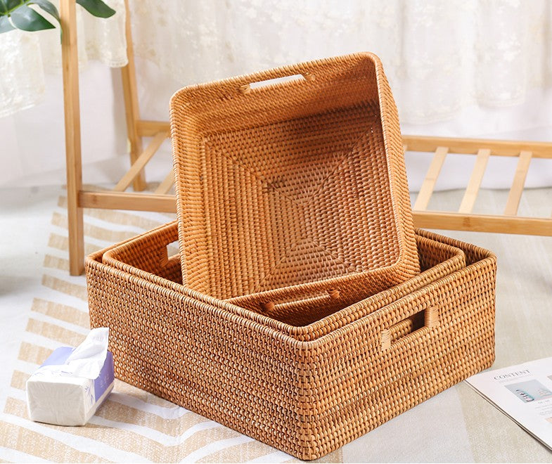 Extra Large Woven Rattan Storage Basket, Rectangular Wicker Basket for Shelves, Natural Handmade Kitchen Storage Bin, Rustic Living Room Organizer, Large Baskets with Handles