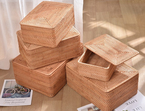Large Storage Basket for Living Room, Storage Basket for Clothes, Woven Rattan Storage Baskets, Rectangular Storage Basket, Storage Basket with Lid-Silvia Home Craft