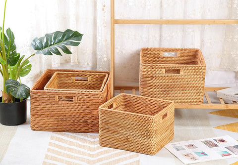 Woven Rattan Storage Baskets for Kitchen, Rectangular Storage Basket, Wicker Storage Basket for Clothes, Storage Baskets for Bathroom, Kitchen Storage Basket-Silvia Home Craft