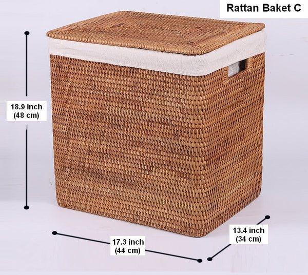 Storage Baskets for Bathroom, Rectangular Storage Baskets, Large Brown Rattan Storage Baskets, Storage Basket with Lid, Storage Baskets for Clothes-Silvia Home Craft