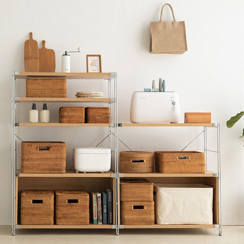 Wicker Rattan Storage Basket for Shelves, Storage Baskets for Bedroom, Rectangular Storage Basket with Lid, Pantry Storage Baskets-Silvia Home Craft