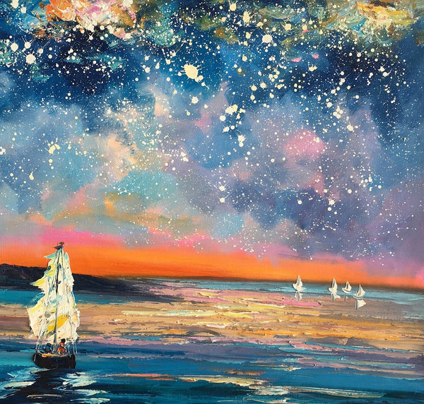 Landscape Canvas Painting, Large Canvas Wall Art, Starry Night Sky Painting, Custom Canvas Painting for Bedroom-Silvia Home Craft