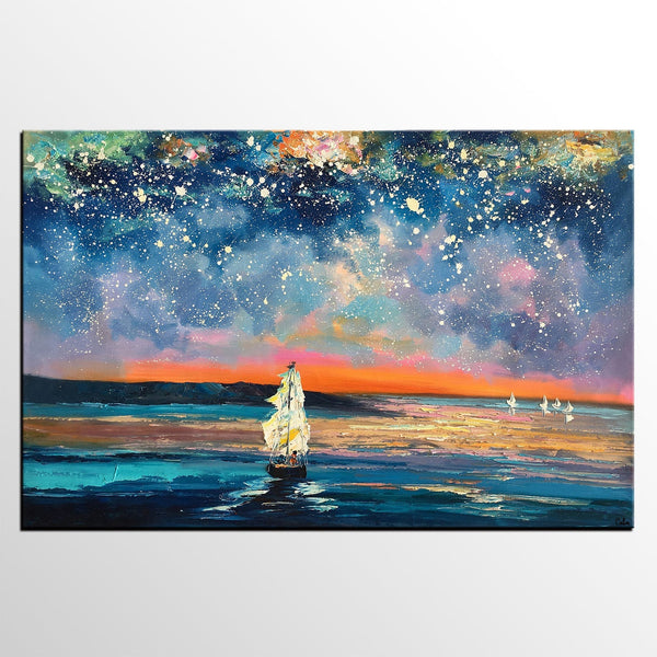 Landscape Canvas Painting, Large Canvas Wall Art, Starry Night Sky Painting, Custom Canvas Painting for Bedroom-Silvia Home Craft