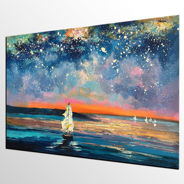 Landscape Canvas Painting, Large Canvas Wall Art, Starry Night Sky Painting, Custom Canvas Painting for Bedroom-Silvia Home Craft