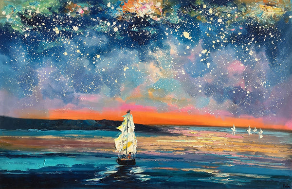 Landscape Canvas Painting, Large Canvas Wall Art, Starry Night Sky Painting, Custom Canvas Painting for Bedroom-Silvia Home Craft