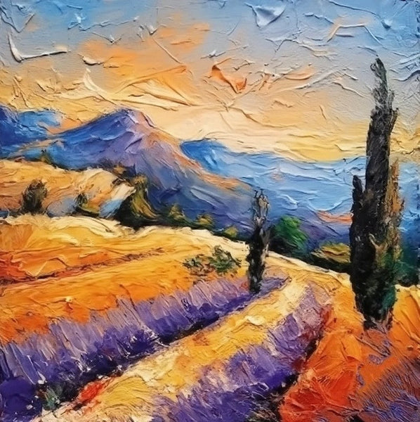 Simple Small Canvas Paintings, Original Small Landscape Paintings, Provence Lavender Field Cypress Tree Painting, Heavy Texture Acrylic Artwork, Easy Landscape Painting Ideas-Silvia Home Craft