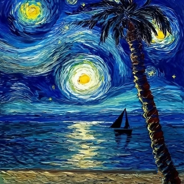 Heavy Texture Canvas Art, Easy Seascape Painting Ideas, Simple Small Canvas Paintings, Palette Knife Paintings, Sail Boat under Starry Night Painting, Small Landscape Painting-Silvia Home Craft