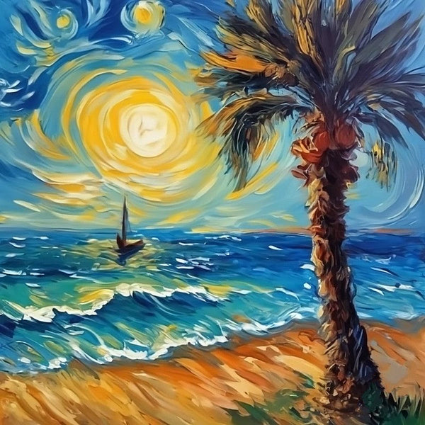 Palm Tree Sail Boat Seashore Beach Painting, Heavy Texture Canvas Art, Original Small Landscape Paintings, Small Palette Knife Oil Paintings, Easy Landscape Painting Ideas, Simple Small Canvas Paintings-Silvia Home Craft