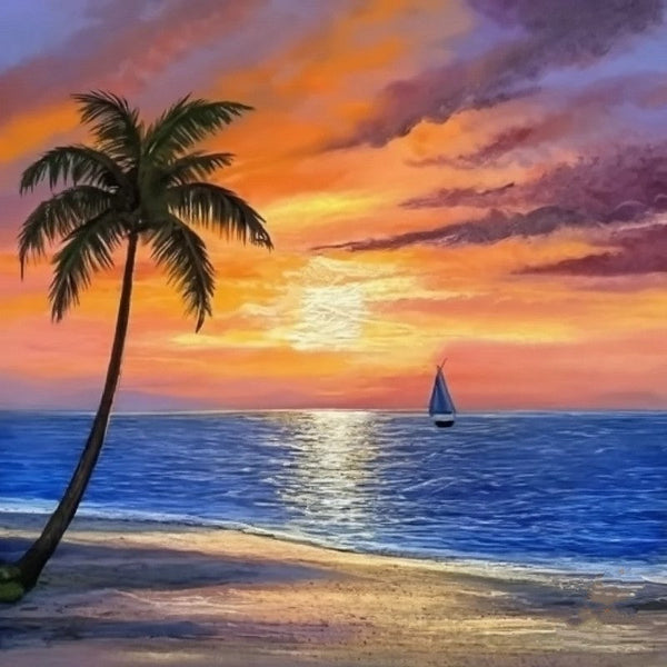 Original Small Landscape Paintings, Hawaii Seashore Beach Sail Boat Sunset Painting, Simple Small Canvas Paintings, Heavy Texture Acrylic Artwork, Easy Landscape Painting Ideas-Silvia Home Craft