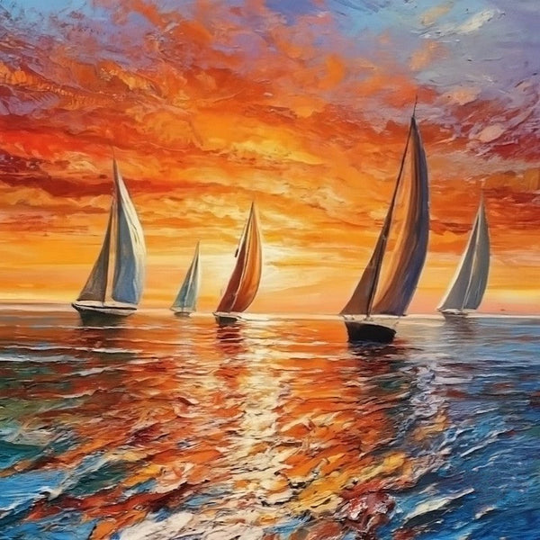 Small Hand Painted Art, Hawaii Sail Boat Sunset Painting, Heavy Texture Canvas Artwork, Easy Landscape Painting Ideas, Simple Small Canvas Paintings-Silvia Home Craft