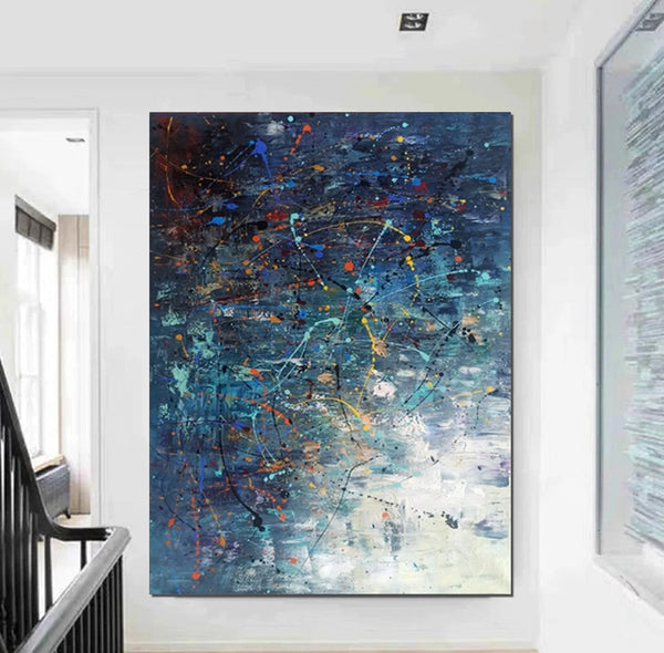 Extra Large Paintings for Living Room, Hand Painted Wall Art Paintings, Blue Abstract Acrylic Painting, Modern Abstract Art for Dining Room-Silvia Home Craft