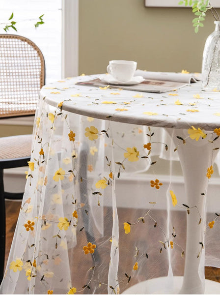 Yellow Flower Lace Tablecloths, Extra Large Rectangular Tablecloth for Oval Table, Lace Embroidered Table Covers, Rectangular Table Covers for Coffee Table-Silvia Home Craft