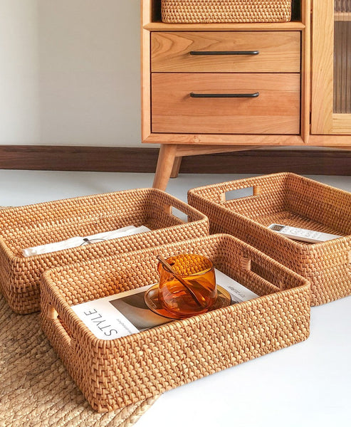 Rectangular Storage Baskets for Pantry, Rattan Storage Basket for Shelves, Storage Baskets for Kitchen, Woven Storage Baskets-Silvia Home Craft