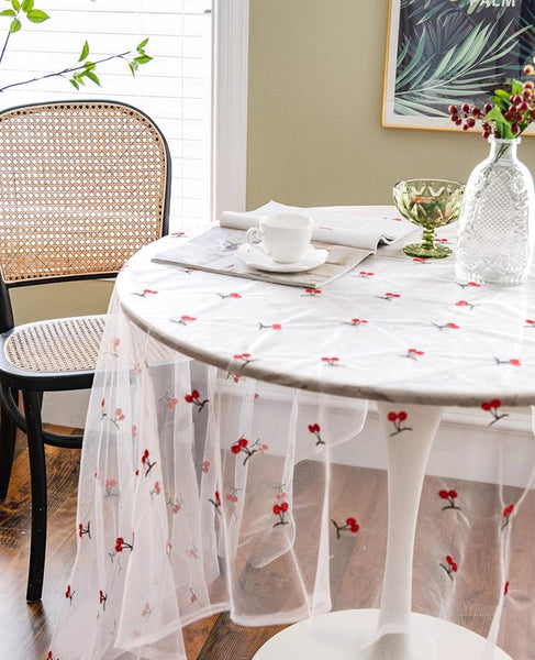 Extra Large Rectangular Tablecloth for Oval Table, Rectangular Table Covers for Coffee Table, Cherry Lace Tablecloths, Lace Embroidered Table Covers-Silvia Home Craft