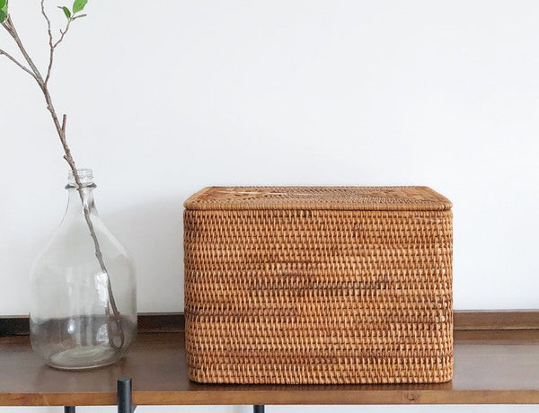 Large Storage Basket for Living Room, Storage Basket for Clothes, Woven Rattan Storage Baskets, Rectangular Storage Basket, Storage Basket with Lid-Silvia Home Craft