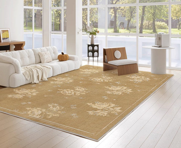 Flower Pattern French Style Modern Rugs for Dining Room, Contemporary Modern Rugs, Mid Century Modern Rugs for Interior Design, Yellow Soft Rugs under Coffee Table-Silvia Home Craft