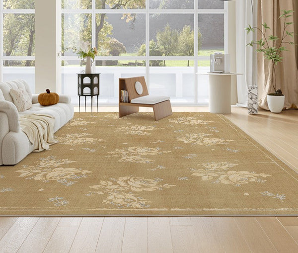 Flower Pattern French Style Modern Rugs for Dining Room, Contemporary Modern Rugs, Mid Century Modern Rugs for Interior Design, Yellow Soft Rugs under Coffee Table-Silvia Home Craft