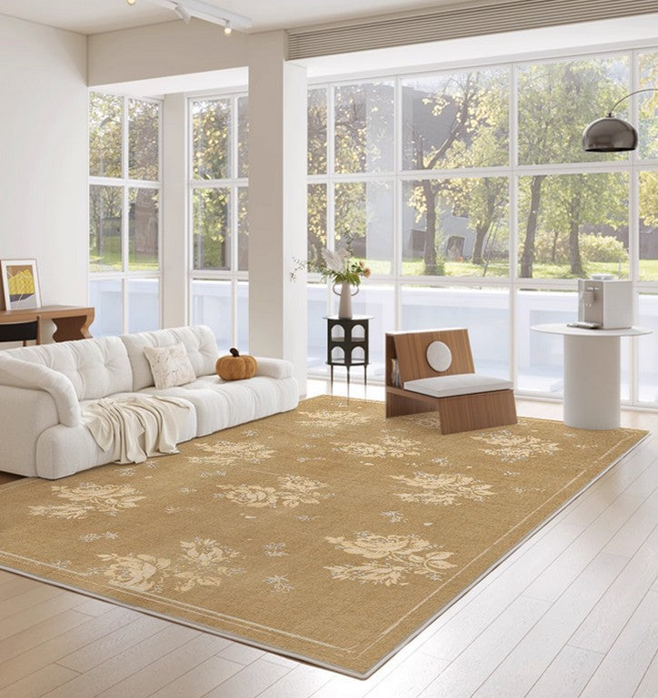 Flower Pattern French Style Modern Rugs for Dining Room, Contemporary Modern Rugs, Mid Century Modern Rugs for Interior Design, Yellow Soft Rugs under Coffee Table-Silvia Home Craft