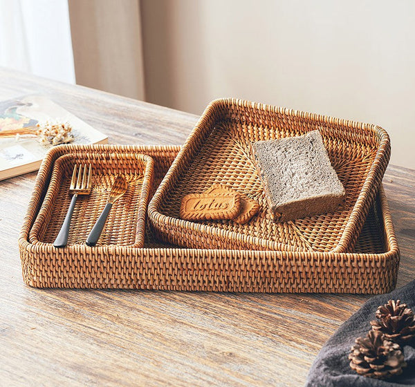 Rectangular Storage Baskets, Woven Rattan Storage Basket, Kitchen Storage Baskets, Storage Baskets for Shelves, Set of 3-Silvia Home Craft